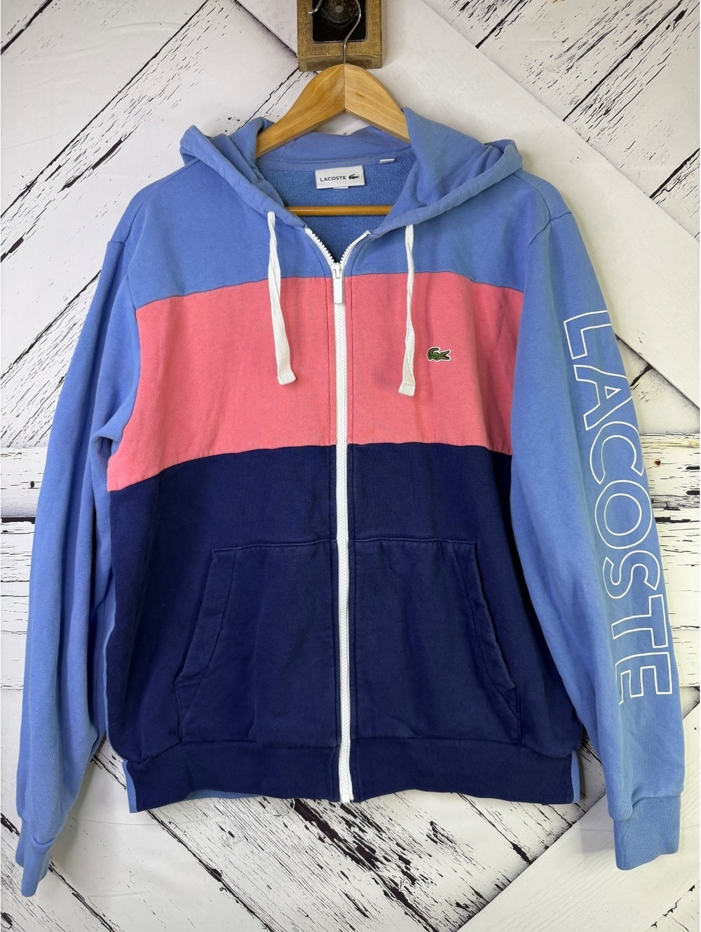 Vintage Vibe Lacoste Retro Colorblock Streetwear Zip-Up Hoodie Men Large